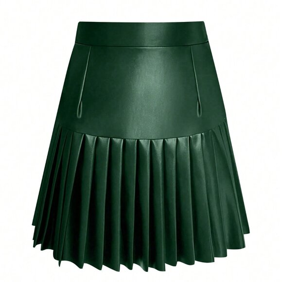 Dark Green Women's Casual Minimalist Pleated faux leather A-Line Skirt - Picture 4 of 5